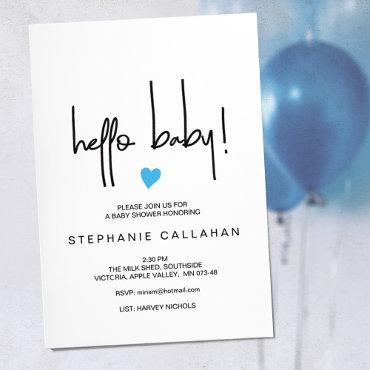 Hello Baby Boy Shower Invite With Blue Heart
