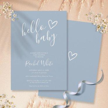 Hello Baby Shower Heart Dusty Blue Minimalist