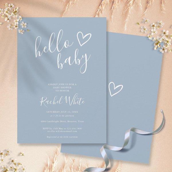 Hello Baby Shower Heart Dusty Blue Minimalist