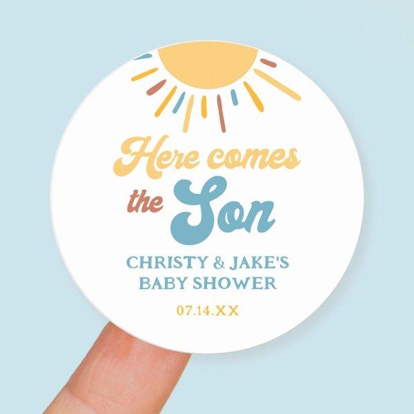 Here Comes The Son Boy Baby Shower Favors Classic Round Sticker