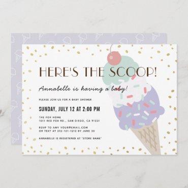 Here's the Scoop Ice Cream Purple Baby Shower Invitation