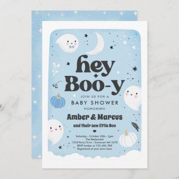 Hey Boo-y Blue Boy Ghost Baby Shower Invitation