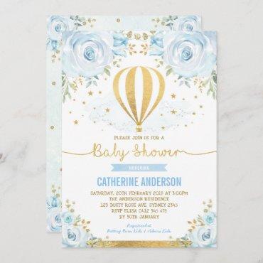 Hot Air Balloon Baby Shower Pastel Blue Floral Invitation