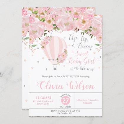 Hot Air Balloon Floral Baby Shower Girl Silver Invitation