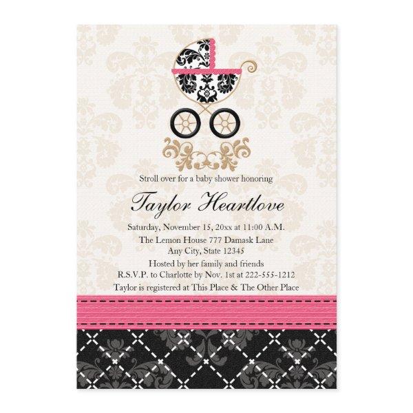 HOT PINK BLACK DAMASK BABY CARRIAGE