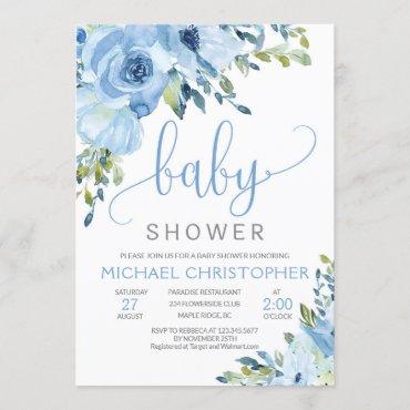 Ice Blue Floral Boy Baby Shower Invitation