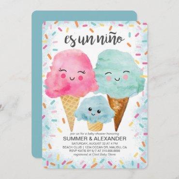 Ice Cream Scoop Sprinkle Spanish Boy Baby Shower Invitation