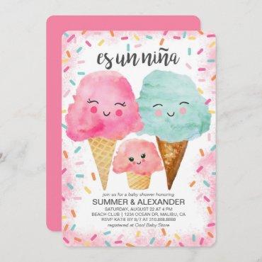 Ice Cream Scoop Sprinkles Spanish Girl Baby Shower Invitation