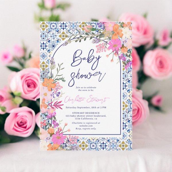 Italian blue tiles watercolor floral
