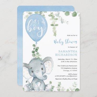 It's a boy blue balloon cute elephant baby shower invitation