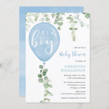 It's a boy blue balloon eucalyptus baby shower invitation
