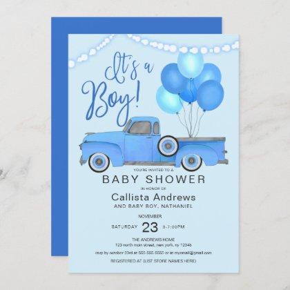 It's a Boy Blue Truck Balloons Lights Baby Shower Invitation