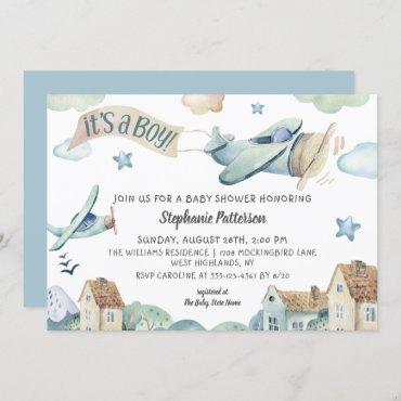 It's a Boy Cute Watercolor Airplanes Baby Shower Invitation