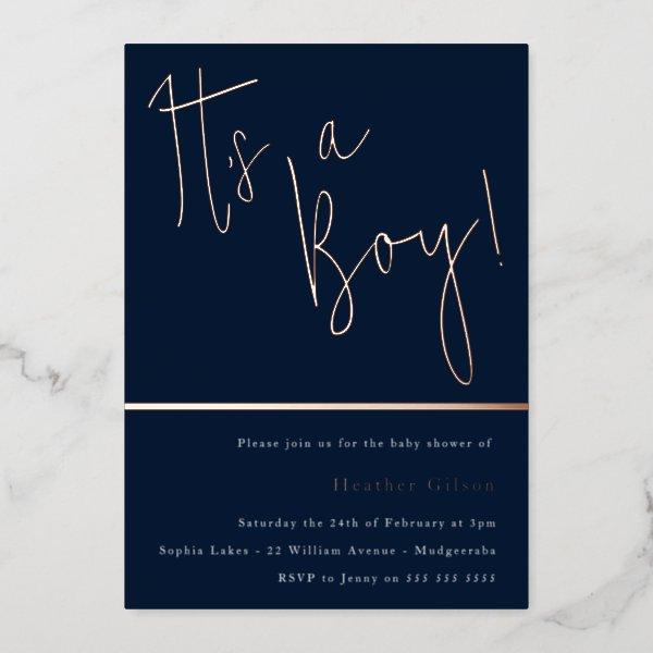Its a Boy! Dusty Navy Blue Baby Shower Rose Gold Foil