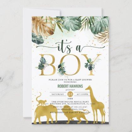 It's A Boy Jungle Gold Safari Animals Baby Shower Invitation
