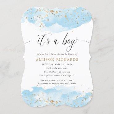 It's a boy watercolor blue and gold baby shower invitation