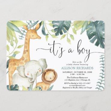 It's a Boy watercolor safari animals baby shower Invitation
