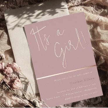 Its a Girl! Dusty Rose Mauve Baby Shower Rose Gold Foil