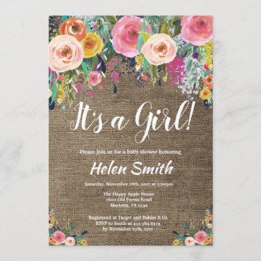 It's A Girl Floral Baby Shower Invitation Burlap