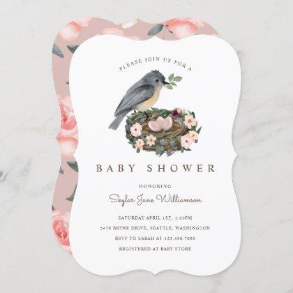 It's A Girl Floral Bird's Nest Baby Shower Invitation