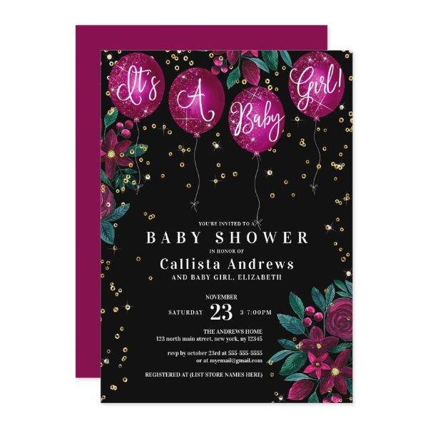 It's a Girl Glitter Balloons Floral