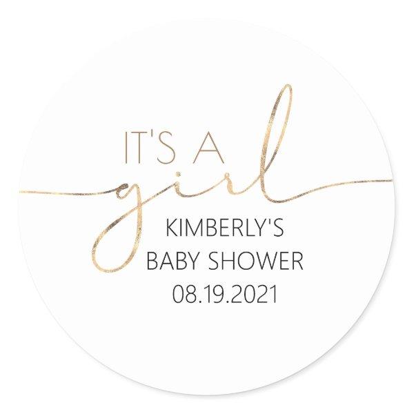 It's A Girl Gold Script Baby Shower Classic Round Classic Round Sticker