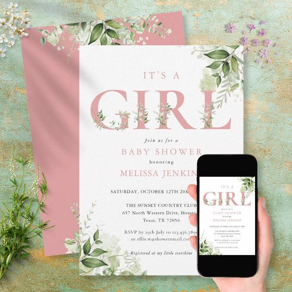 Its A Girl Greenery Dusty Rose Letter