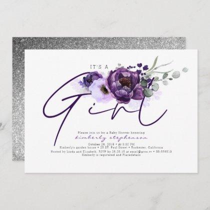 It's A Girl Purple Flowers Baby Shower Invitation