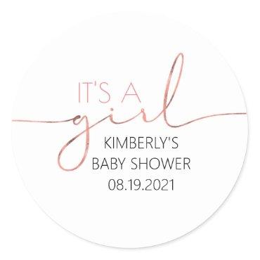 It's A Girl Rose Gold Script Baby Shower Classic Round Sticker
