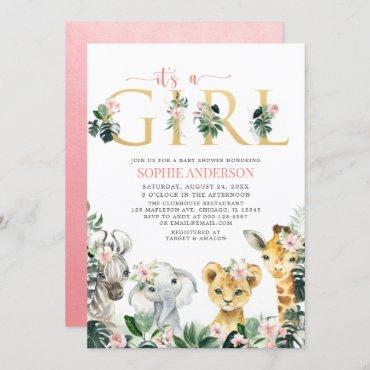 It's a Girl Safari Jungle Animals Baby Shower Invitation