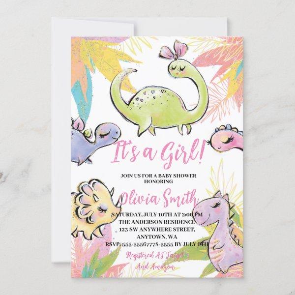 It's a Girl Watercolor Dinosaur Baby Shower
