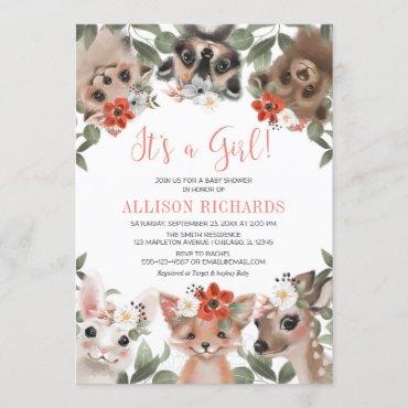 It's a Girl woodland animals forest baby shower Invitation