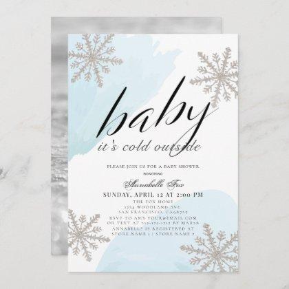 It's Cold Outside Blue Watercolor Baby Shower Invitation
