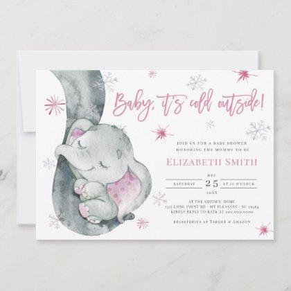 It's Cold Outside Elephant Winter Girl Baby Shower Invitation