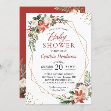 Ivory Red Poinsettia Floral Christmas Baby Shower Invitation