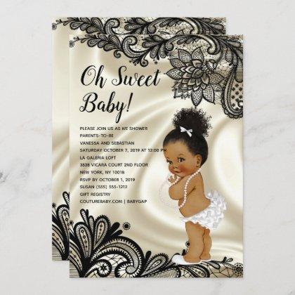 Ivory White and Black-Lace Baby Girl Shower Invitation