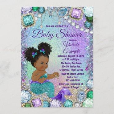 Jewel Mermaid Afro Hair Baby Shower Invitation