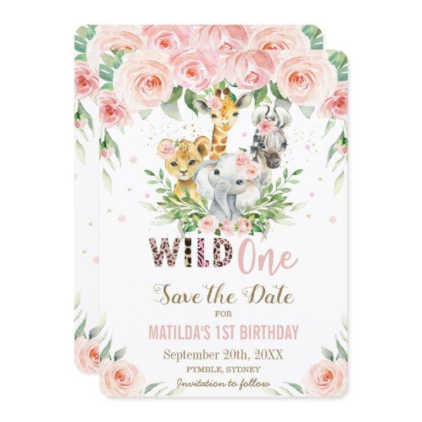 Jungle Animals Pink Floral Save the Date Card