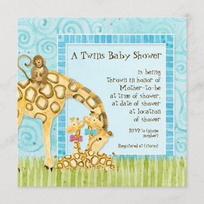 Jungle Giraffe Baby Boy Girl Twins Shower Invite