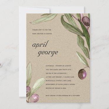 KRAFT OLIVE WATERCOLOR FOLIAGE BABY SHOWER INVITE