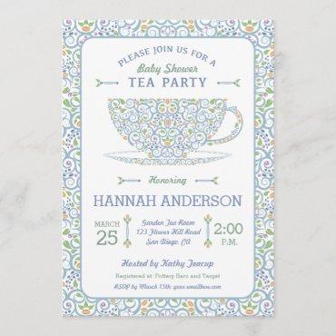 Lacy Teacup Baby Shower Blue Tea Party Invitation