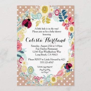 Ladybug girl Baby shower floral invitation