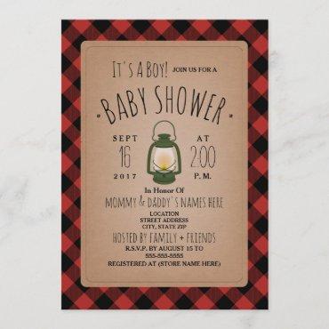 Lantern Lumberjack Plaid Baby Shower Invitation