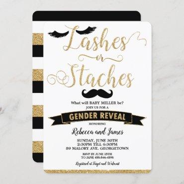 Lashes or Staches Gender Reveal Baby Shower Gold Invitation
