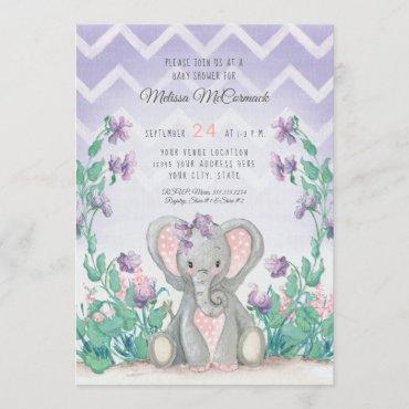 Lavender Adorable Elephant Girl Baby Shower Stripe Invitation