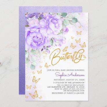 Lavender floral Gold Glitter Butterfly Baby Shower Invitation