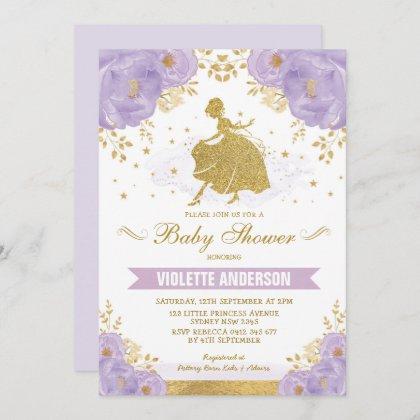 Lavender Floral Gold Royal Princess Baby Shower Invitation