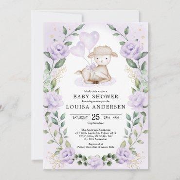 Lavender Floral Little Lamb Baby Sheep Shower Invitation