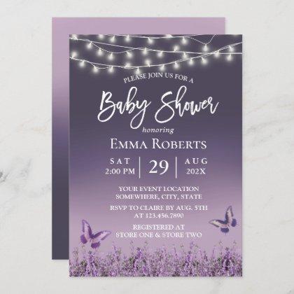 Lavender Flower Butterfly Purple Ombre Baby Shower Invitation