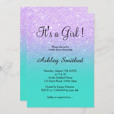 Lavender glitter turquoise ombre girl baby shower invitation
